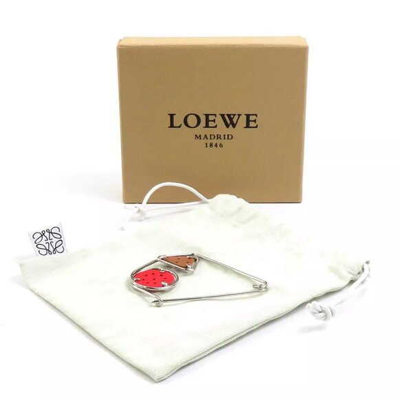 Auth LOEWE Brooch Red/Brown/Silver Leather/Metal - Picture 1 of 10
